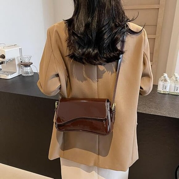 Neiman Marcus Glossy Brown Vegan Leather Purse - Picture 2 of 4